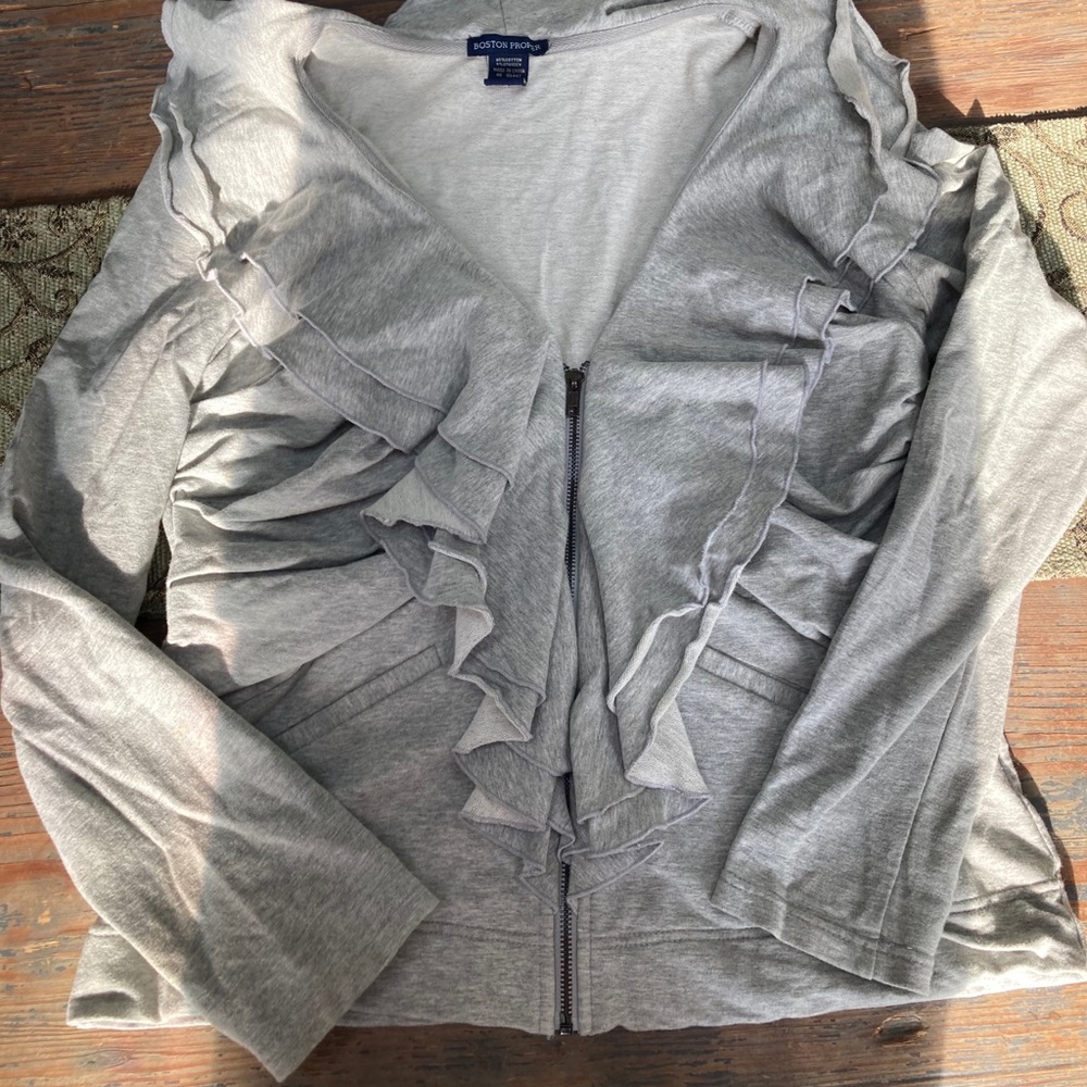 Boston Proper Grey Knit Ruffle Zip Jacket